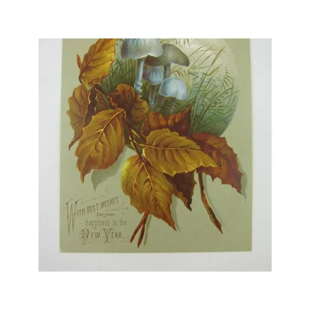 Victorian Greeting Card New Years Blue Mushrooms & Winter Leaves Grass Antique